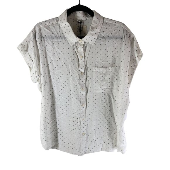 Cosmic Blue Love Womens Ava Button Down Top Polka Dot Short Sleeve White L - Picture 1 of 3